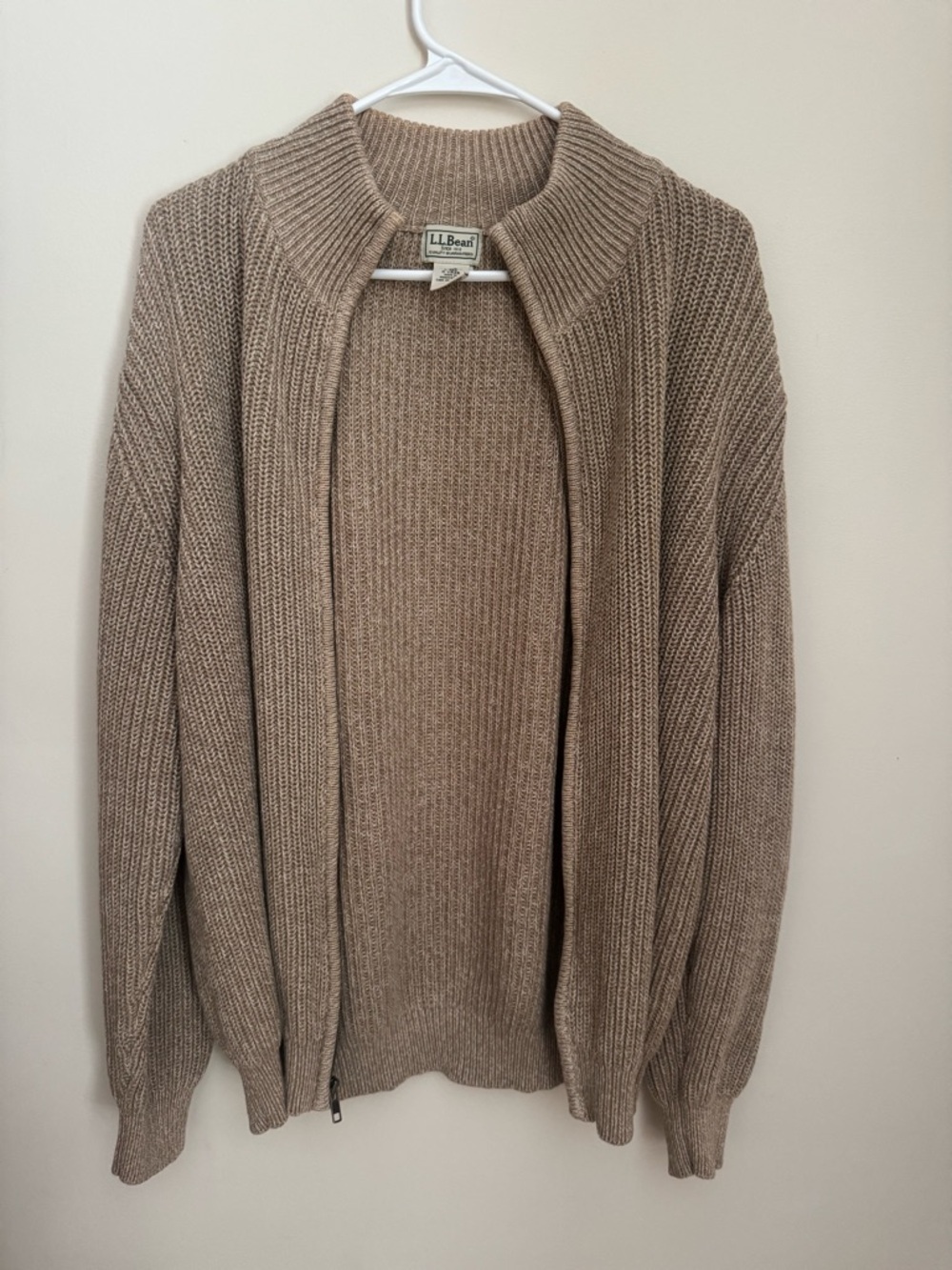 Vintage L.L.Bean Full Zip Ribbed Knit Sweater Tan Men’s Large Mock Neck Cotton - Picture 3 of 6